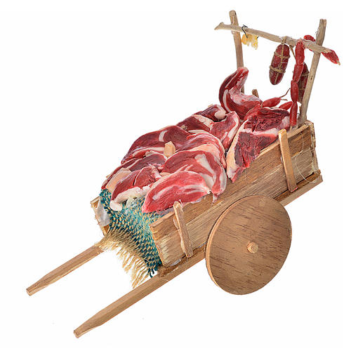 Neapolitan Nativity accessory, meat cart in wax 10x18.5x7cm 1