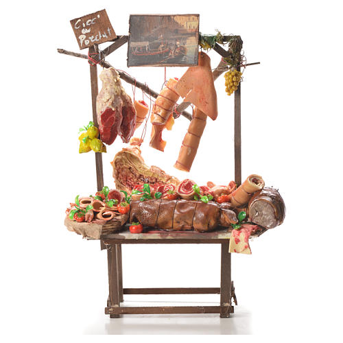 Nativity roast pork seller stall in wax 52x38x20cm 1
