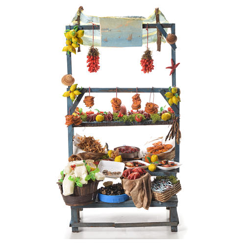 Nativity fishmonger stall in wax 48x26x24cm 1
