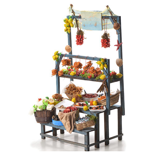 Nativity fishmonger stall in wax 48x26x24cm 2