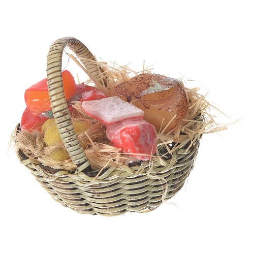 Accessory for nativities of 20-24cm, basket with cheeses and meats in wax 1