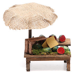 Aliments en miniature: Banc crèche avec parasol pastèques 12x10x12 cm