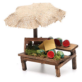 Aliments en miniature: Banc crèche avec parasol pastèques 12x10x12 cm