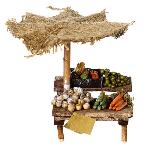 Puesto de mercado para belén con sombrilla y verduras  12x10x12 cm 1