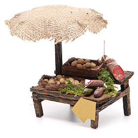 Aliments en miniature: Banc charcuterie oeufs crèche avec parasol 12x10x12 cm