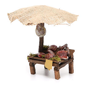 Aliments en miniature: Banc crèche charcuterie et viande avec parasol 16x10x12 cm