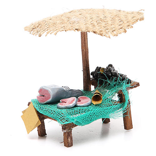 Workshop nativity with beach umbrella, fish and mussels 12x10x12cm 3
