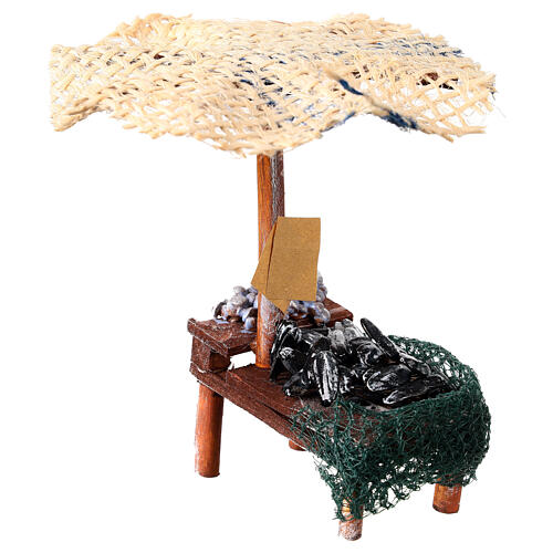 Banco presepe cozze vongole con ombrello 16x10x12 presepe 12 cm 2