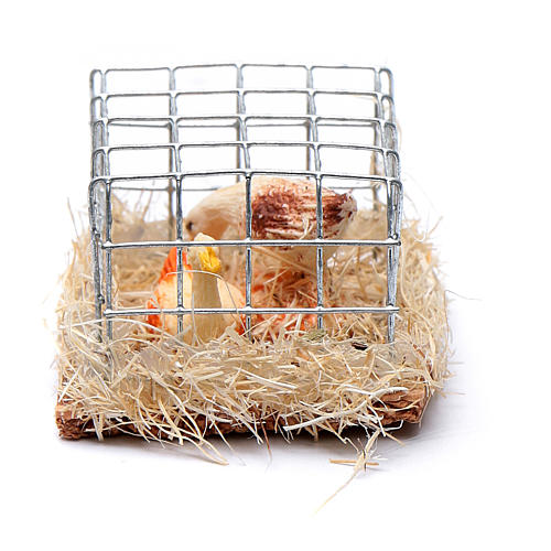 Cage avec 2 poules h réelle 2,5 cm crèche diff. mod 1