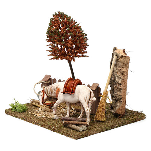 Horse tied up to a fence 10 cm, Nativity Scene setting with tree 15x20x20 2