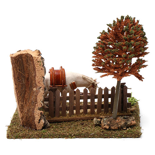 Horse tied up to a fence 10 cm, Nativity Scene setting with tree 15x20x20 4