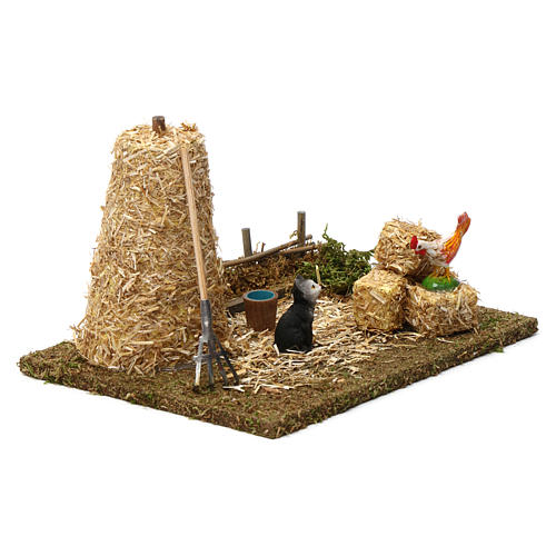 Haystack with cat and cock 10x20x15 cm for Nativity Scene 9-10 cm 3