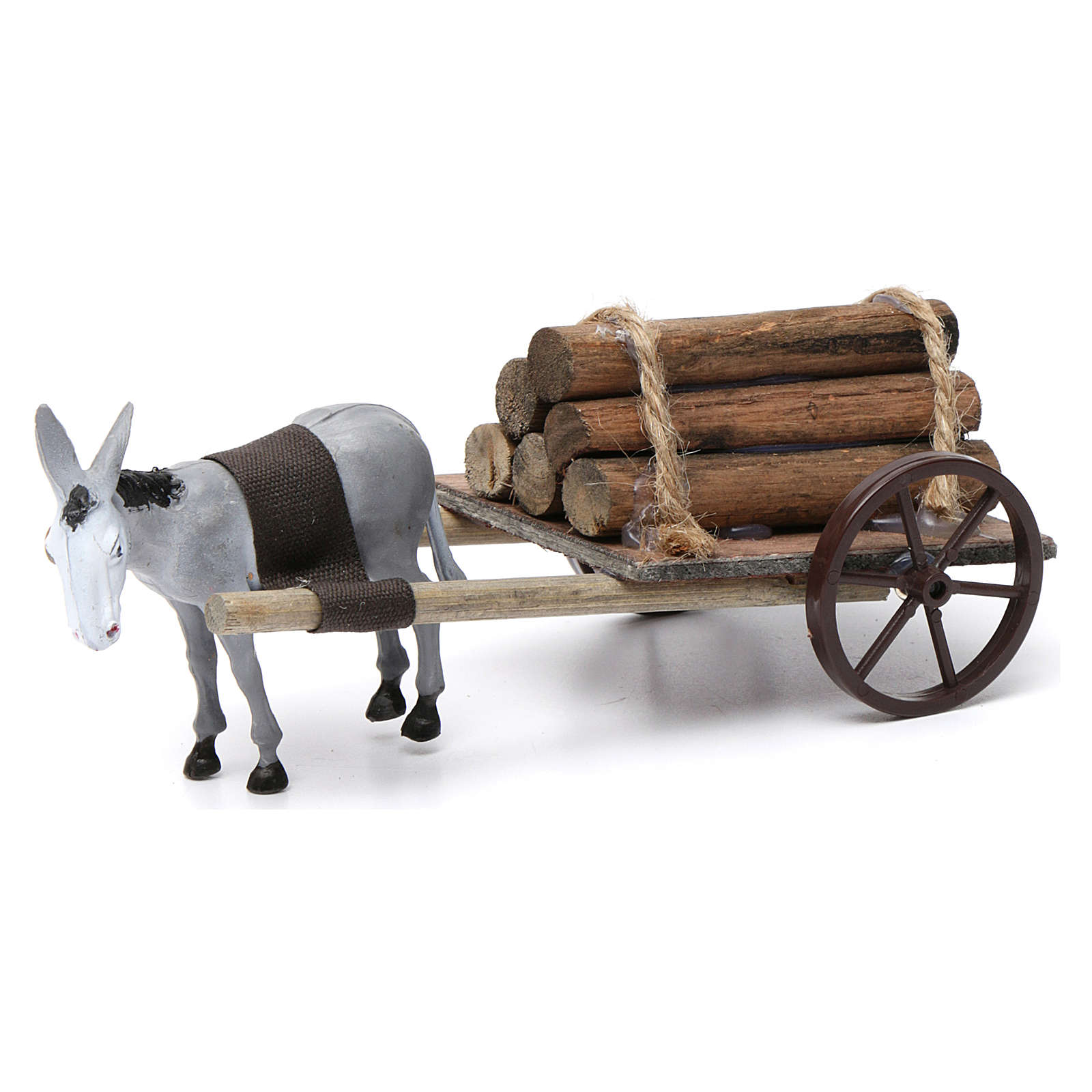 Grey donkey pulling a cart full of wood for Nativity Scene online