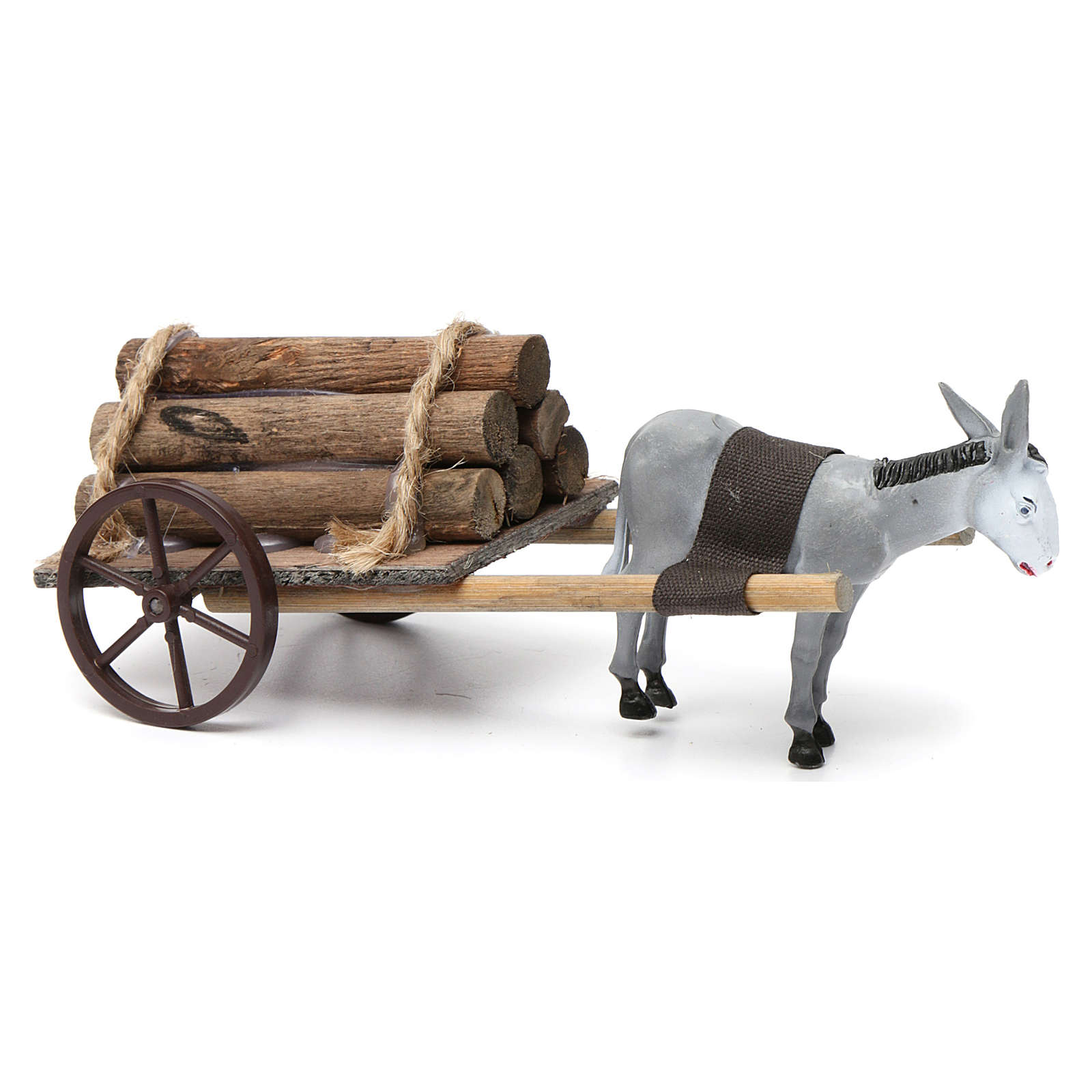 Grey donkey pulling a cart full of wood for Nativity Scene online