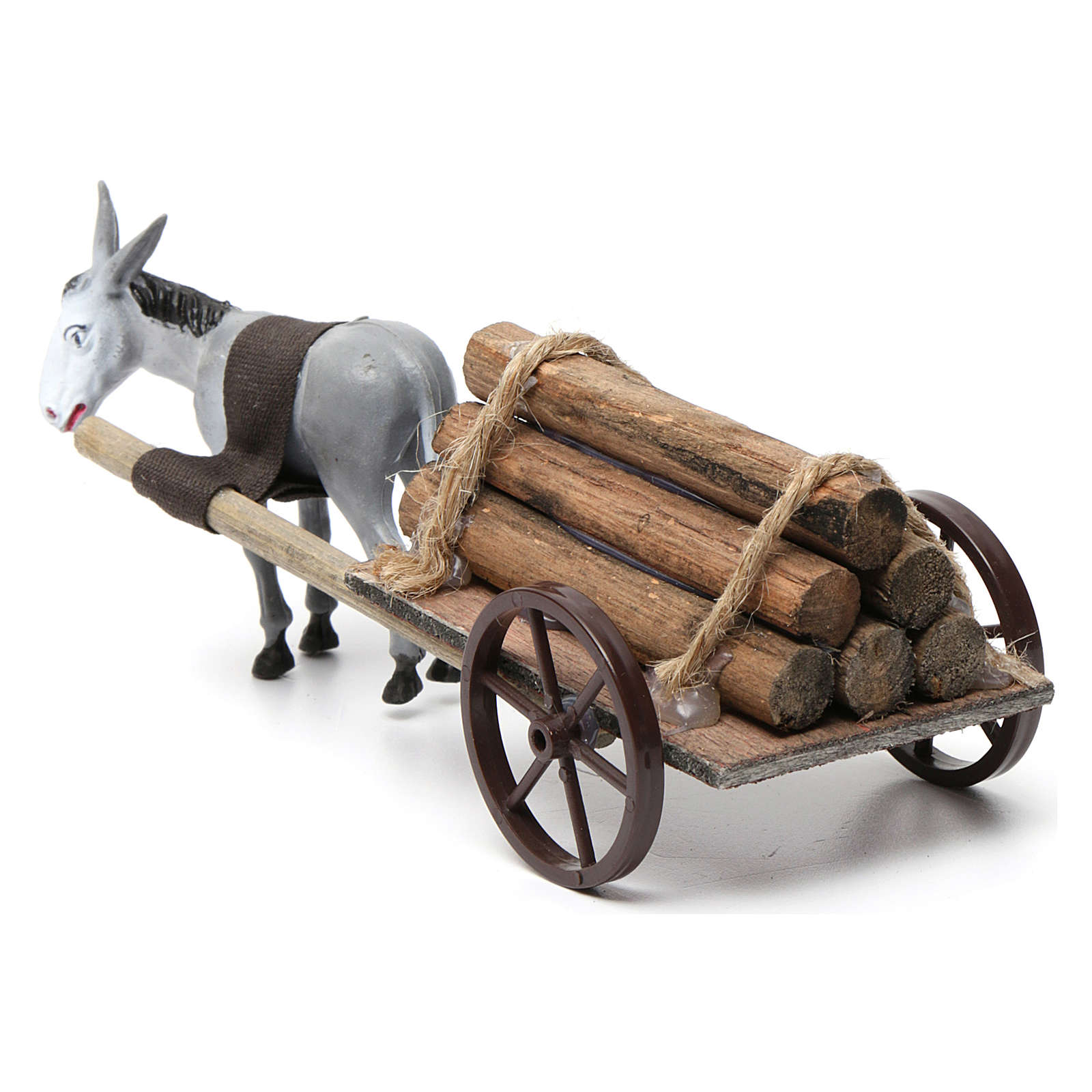 Grey donkey pulling a cart full of wood for Nativity Scene online