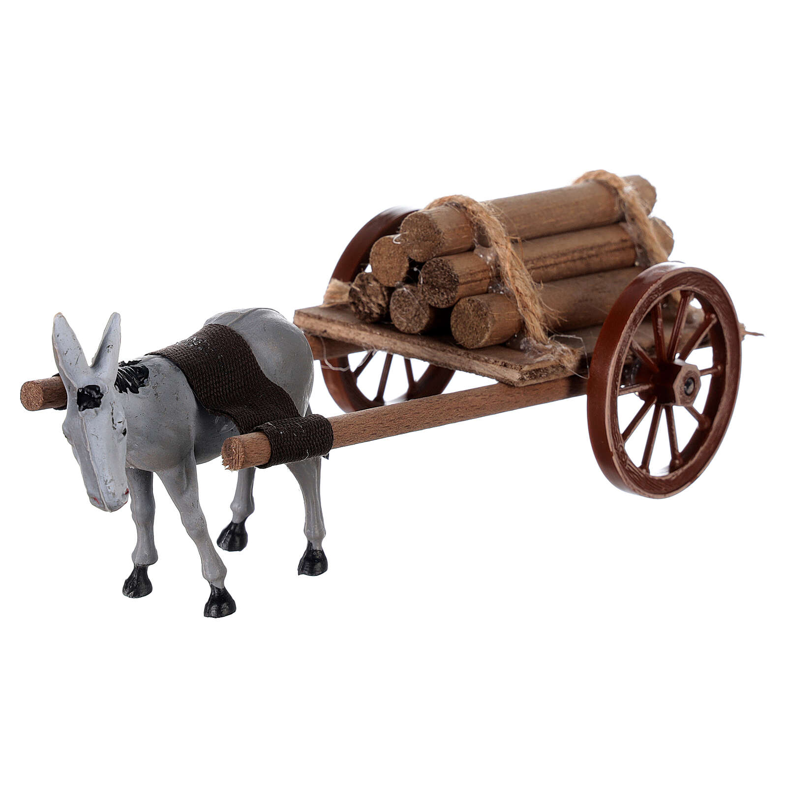 Grey donkey pulling a cart full of wood for Nativity Scene online