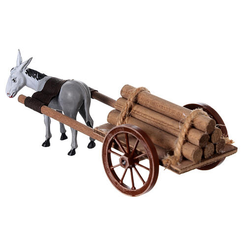 Grey donkey pulling a cart full of wood for Nativity Scene 10x20x10 3