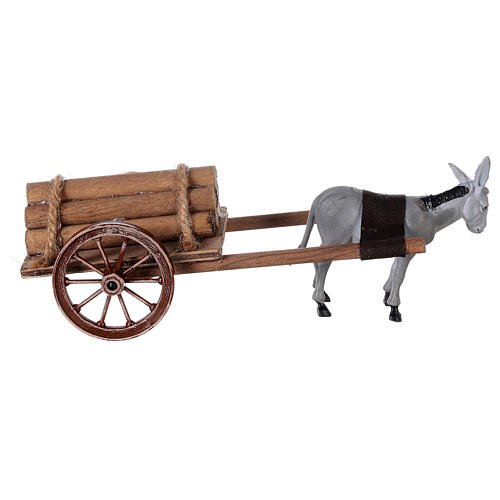 Grey donkey pulling a cart full of wood for Nativity Scene 10x20x10 5