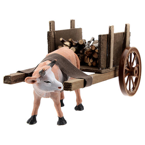 Brown ox pulling a cart full of wood for Nativity Scene 10x20x10 2