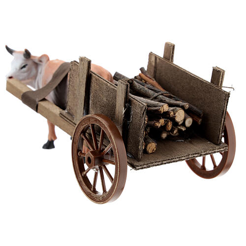 Brown ox pulling a cart full of wood for Nativity Scene 10x20x10 3