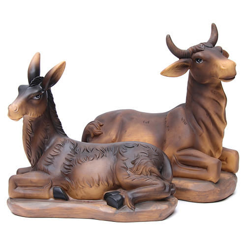 Boi e burro marrom em resina para presépio com figuras de altura média 55 cm 1