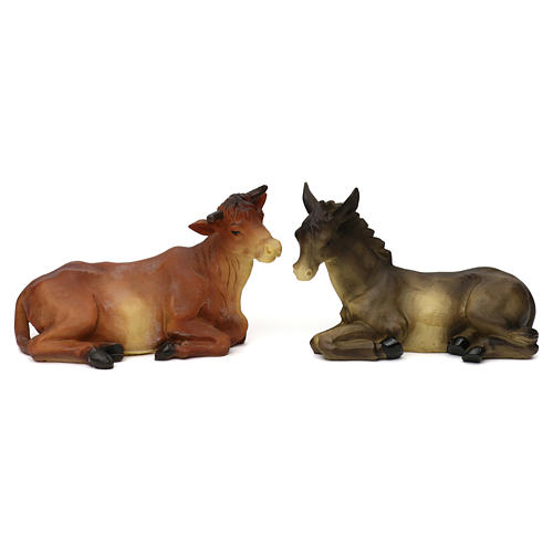 Donkey and ox in colored resin, for 25-30 cm nativity 1