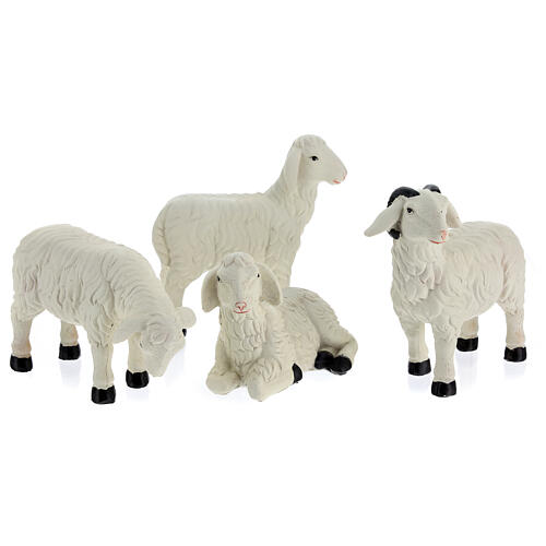 Set 3 Schafe und ein Bock aus bemaltem Kunstharz für 25-30 cm Krippe 1