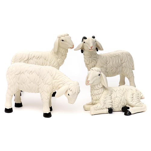 Set 3 Schafe und ein Bock aus bemaltem Kunstharz für 35-40 cm Krippe 1