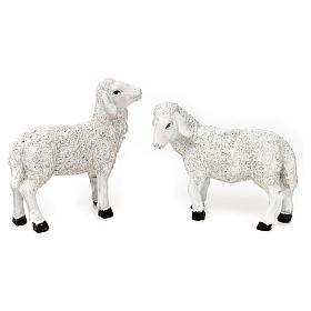 Set 7 Schafe und ein Bock aus bemaltem Kunstharz für 25-30 cm Krippe