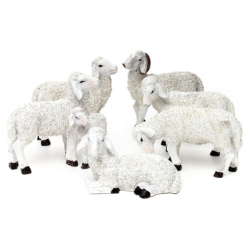 Set 7 Schafe und ein Bock aus bemaltem Kunstharz für 25-30 cm Krippe 1