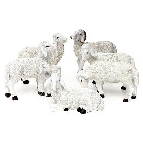 Conjunto 7 ovelhas e carneiro resina corada para presépio com peças 25-30 cm altura média