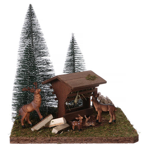Nativity Scene setting with trough , spruces and reindeer 20x20x20 for 8 cm Nativity Scenes 1