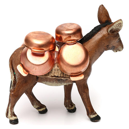 Neapolitan Nativity scene, loaded donkey with copper pots 8 cm 3