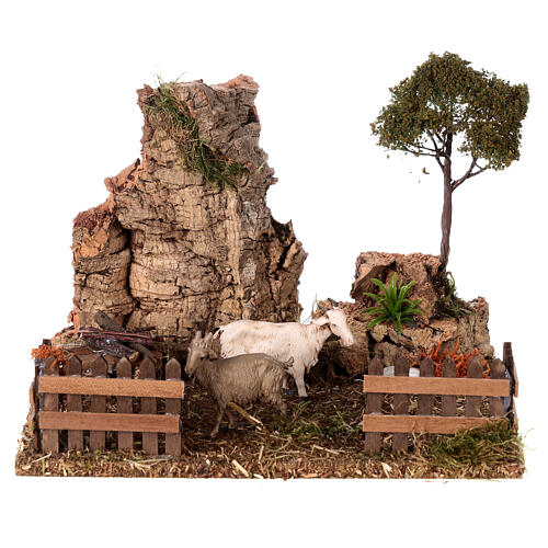 Rock face with enclosure and goats for Nativity Scene with 10 cm characters 15x20x10 cm 1