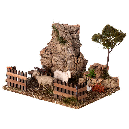 Rock face with enclosure and goats for Nativity Scene with 10 cm characters 15x20x10 cm 2
