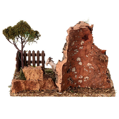 Rock face with enclosure and goats for Nativity Scene with 10 cm characters 15x20x10 cm 4