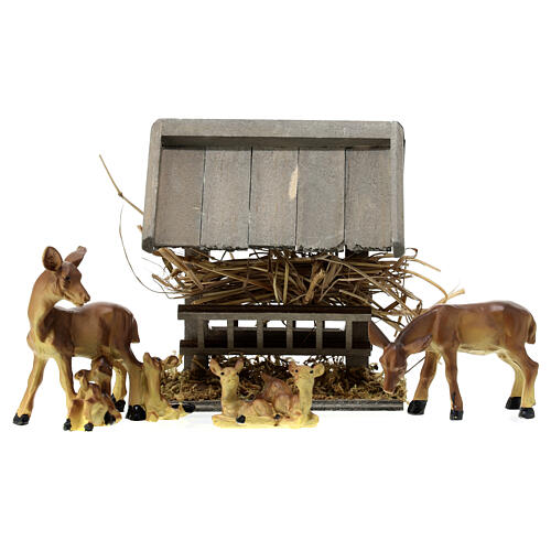 Kit of roe deers 7 cm with wood manger of 10x10x10 cm, for a 10-12 cm Nativity Scene 1