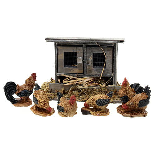 Set of hens and roosters with double henhouse 5x10x5 cm for 10-12 Nativity Scene 1