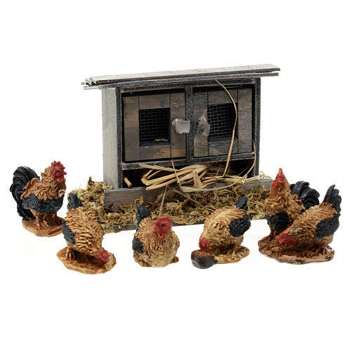 Set of hens and roosters with double henhouse 5x10x5 cm for 10-12 Nativity Scene 3