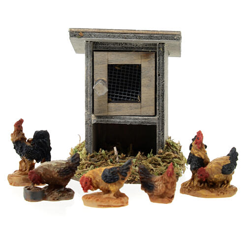 Set of hens and roosters with henhouse 7x5x5 cm for 10-12 Nativity Scene 1