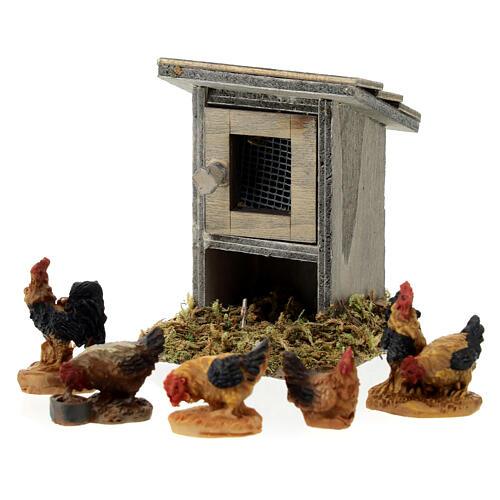 Set of hens and roosters with henhouse 7x5x5 cm for 10-12 Nativity Scene 3