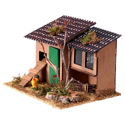 Henhouse with rabbit cage, 10x20x15 cm, for 8 cm rustic Nativity Scene 2