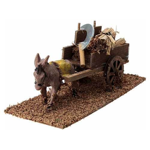 Burro con carretilla de paja 10x20x10cm para belén de 8cm 3