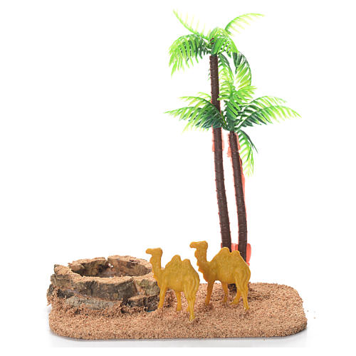 Camels with palm and pond, nativity setting 1