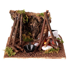 Illuminated nativity setting, rustic camping site with fire 12x15x15cm