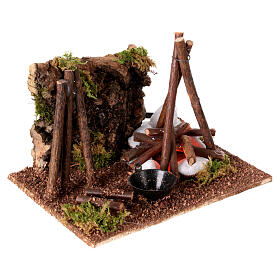 Illuminated nativity setting, rustic camping site with fire 12x15x15cm