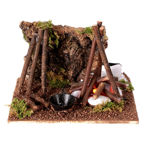 Illuminated nativity setting, rustic camping site with fire 12x15x15cm 1