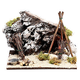 Presépio Napolitano: Bivaque rústico com fogueira eléctrica para presépio 12x15x15 cm