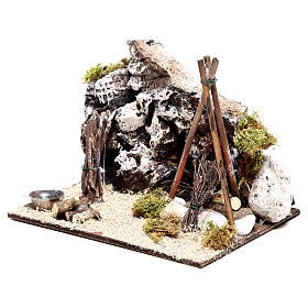 Presépio Napolitano: Bivaque rústico com fogueira eléctrica para presépio 12x15x15 cm