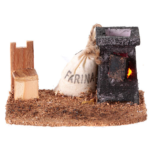 Illuminated nativity scene with roasted chestnuts and chair 6x12x7cm 1